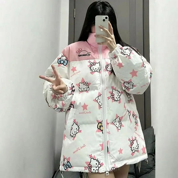 Sanrio Hello Kitty Cute Pink Star Coat Y2k Autumn Winter Fashion Clothes Women Cotton Padded Jackets Zipper Top