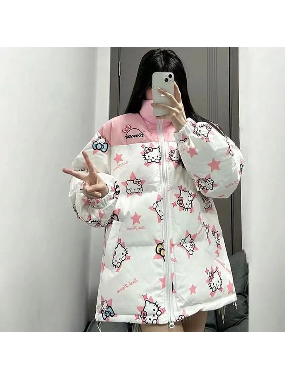Sanrio Hello Kitty Cute Pink Star Coat Y2k Autumn Winter Fashion Clothes Women Cotton Padded Jackets Zipper Top