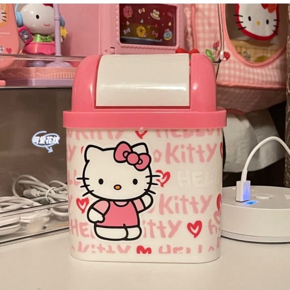 Sanrio Hello Kitty Desktop Trash Can Cartoon Animation Desktop Trash Basket Cute Square with Lid Storage Box