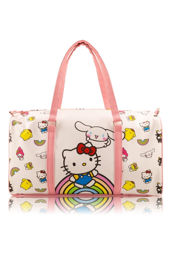 Sanrio Hello Kitty Duffle Bag for Girls Hello Kitty & Friends Rainbow 16" Travel Bag with Cinnamoroll, My Melody & Keroppi Lightweight Overnight Weekender Bag Ages 3+