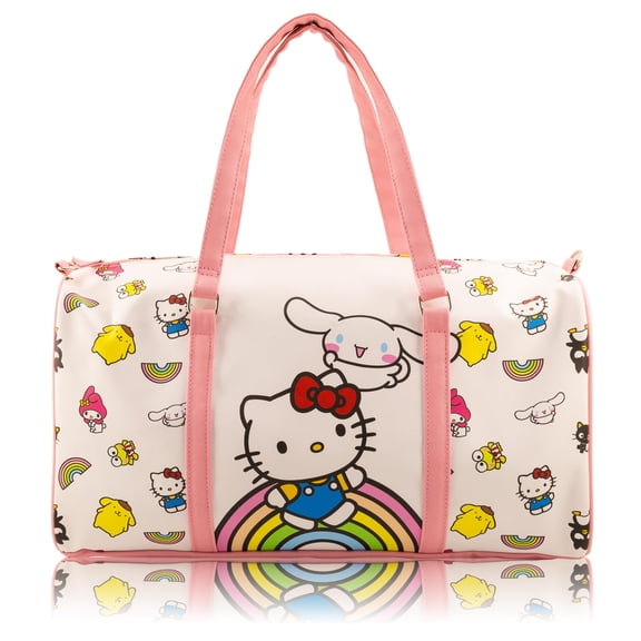 Sanrio Hello Kitty Duffle Bag for Girls Hello Kitty & Friends Rainbow 16" Travel Bag with Cinnamoroll, My Melody & Keroppi Lightweight Overnight Weekender Bag Ages 3+