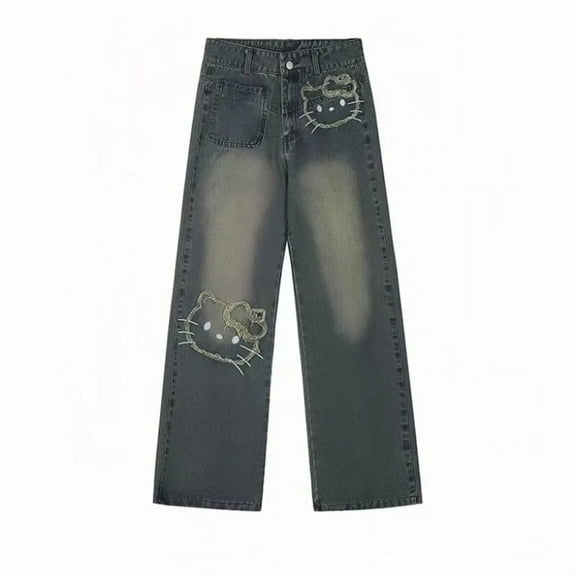 Sanrio Hello Kitty Embroidered Jeans 90s Vintage New Fashion High Waist Straight Wide Leg Denim Pants Female Hip Hop Baggy Jeans