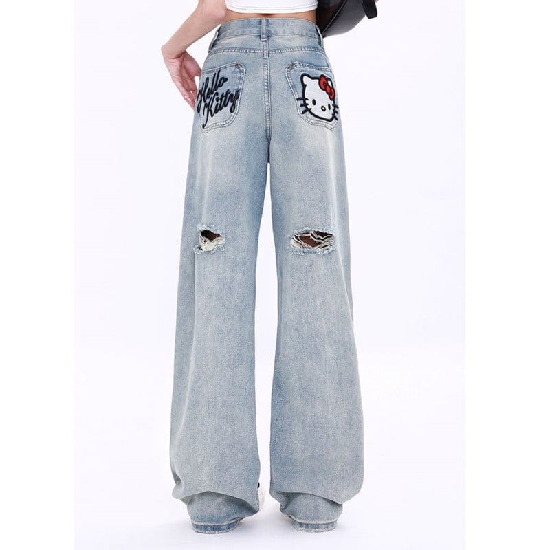 Sanrio Hello Kitty Embroidered Pattern Baggy Jeans Women's