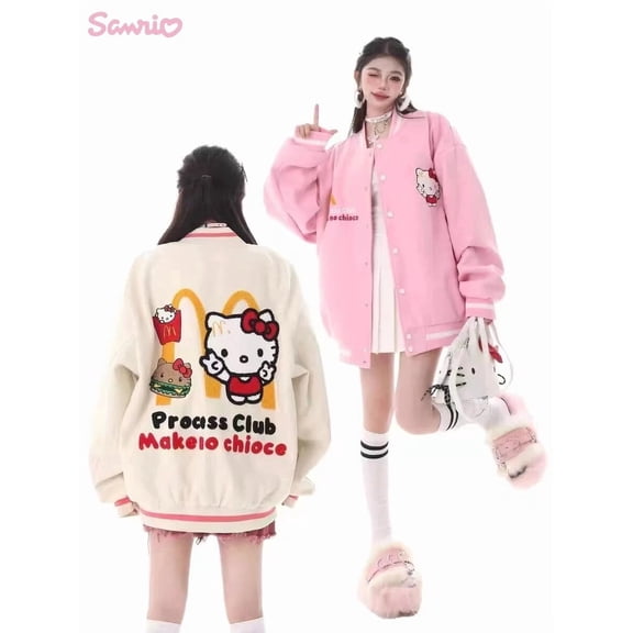 Sanrio Hello Kitty Embroidery Baseball Clothes Kawaii KT Cat Cartoon Women Winter Loose Co