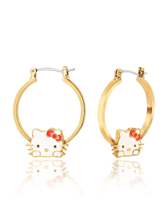 Hello Kitty Enamel Hoop Earrings, Gold Plated, (Includes Gift Box), 1.5 in