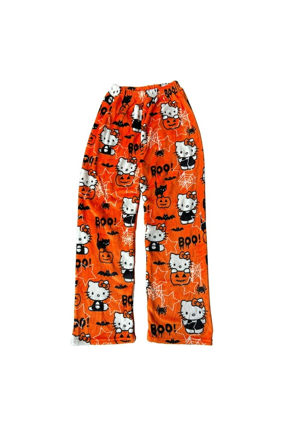 Sanrio Hello Kitty Flannel Pajamas Black Women'S Warm Woolen Cartoon Casual Home Pants In Autumn Winter Fashion Trousers