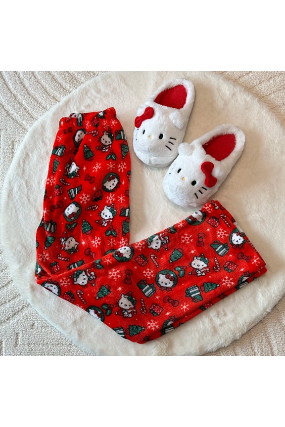 Sanrio Hello Kitty Flannel Pajamas Black WomenS Warm Woolen Cartoon Casual Home Pants In Autumn Winter Fashion Trousers Gifts