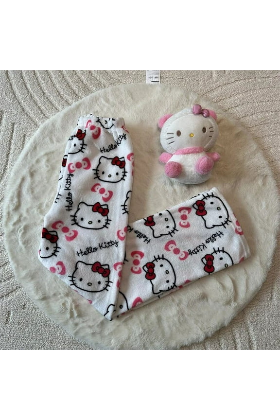 Sanrio Hello Kitty Flannel Pajamas Black WomenS Warm Woolen Cartoon Casual Home Pants In Autumn Winter Fashion Trousers Gifts