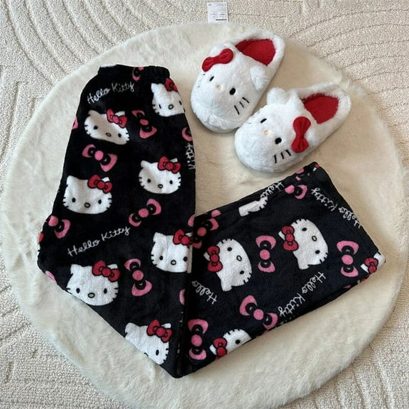 Sanrio Hello Kitty Flannel Pajamas Black WomenS Warm Woolen Cartoon Casual Home Pants In Autumn Winter Fashion Trousers Gifts