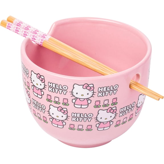 Sanrio Hello Kitty Flowers Pattern Ceramic Ramen Noodle Rice Bowl with , Microwave Safe, 20 Ounces
