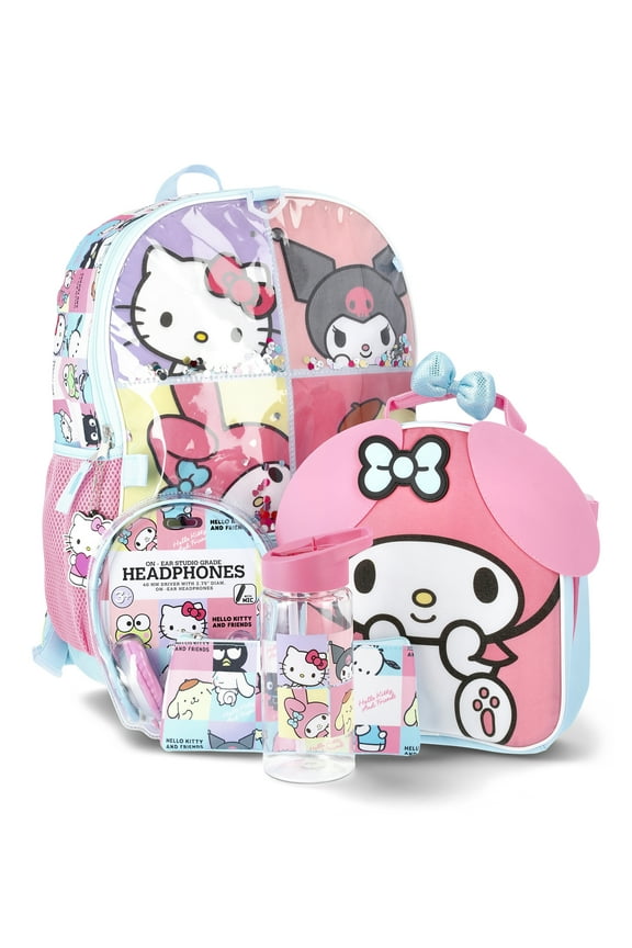 Sanrio Hello Kitty & Friends Girls' 6-piece 17" Backpack Set with Headphones, Pink