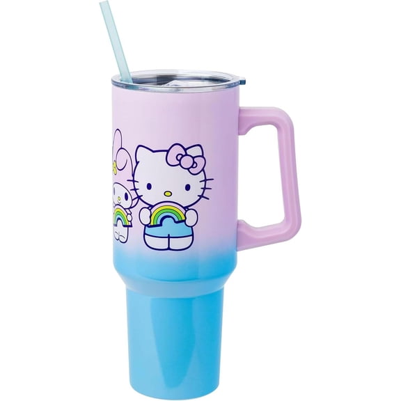 Sanrio Hello Kitty and Friends Including My Melody, Kuromi, and Pompompurin Rainbow Ombre Stainless Steel Tumbler with Handle and Straw, Fits in Standard Cup Holder, 40 Ounces