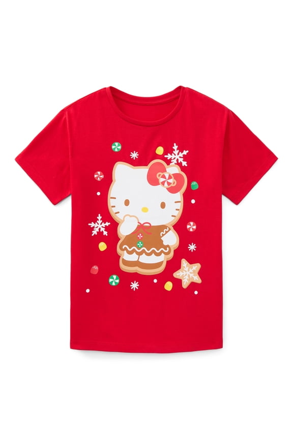 Sanrio Hello Kitty Gingerbread Girls Graphic Tee with Short Sleeves, Sizes 4-16