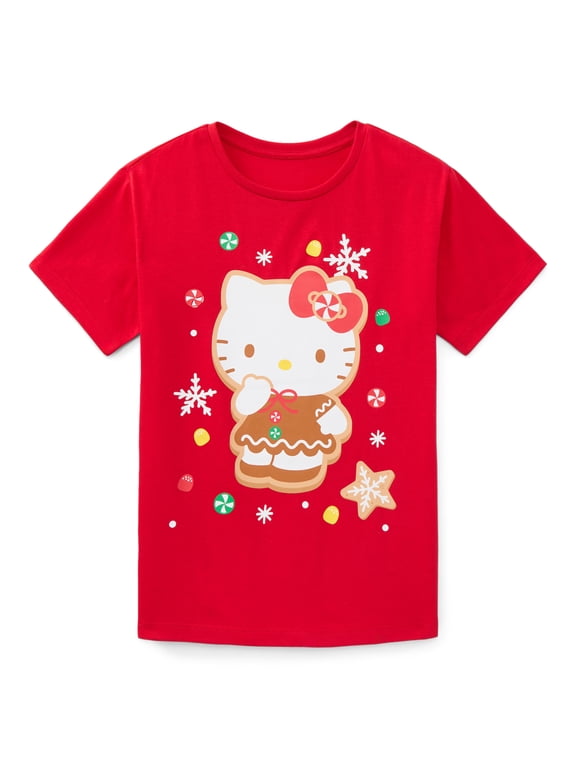 Sanrio Hello Kitty Gingerbread Girls Graphic Tee with Short Sleeves, Sizes 4-16