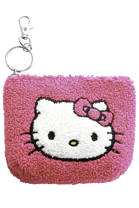 Sanrio Hello Kitty Girl's Pink Terry Cloth Zip-Up Keychain Charm Pouch