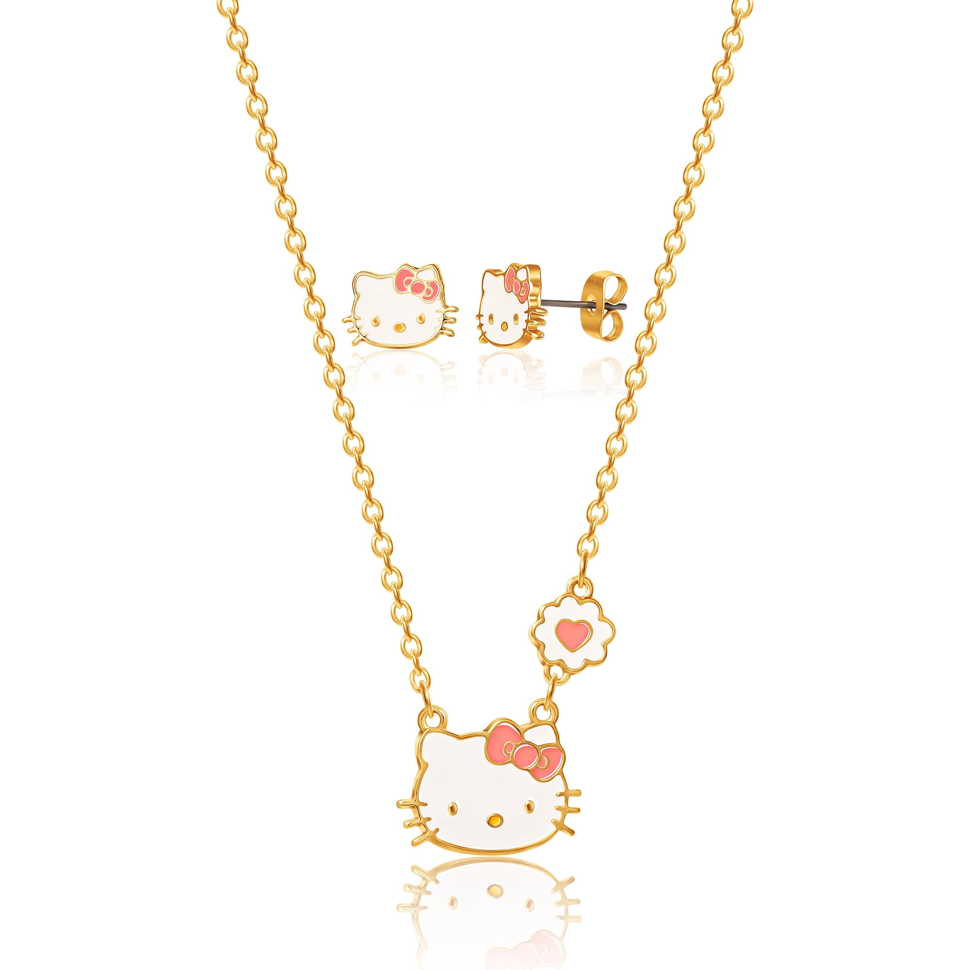 Sanrio Hello Kitty Girls Fashion Necklace Stud Earrings Jewelry Set - 18+3" (Pink)