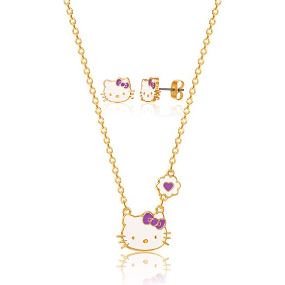 Sanrio Hello Kitty Girls Jewelry Set- 18" + 3" Necklace Stud Earrings Jewelry for Girls Gifts