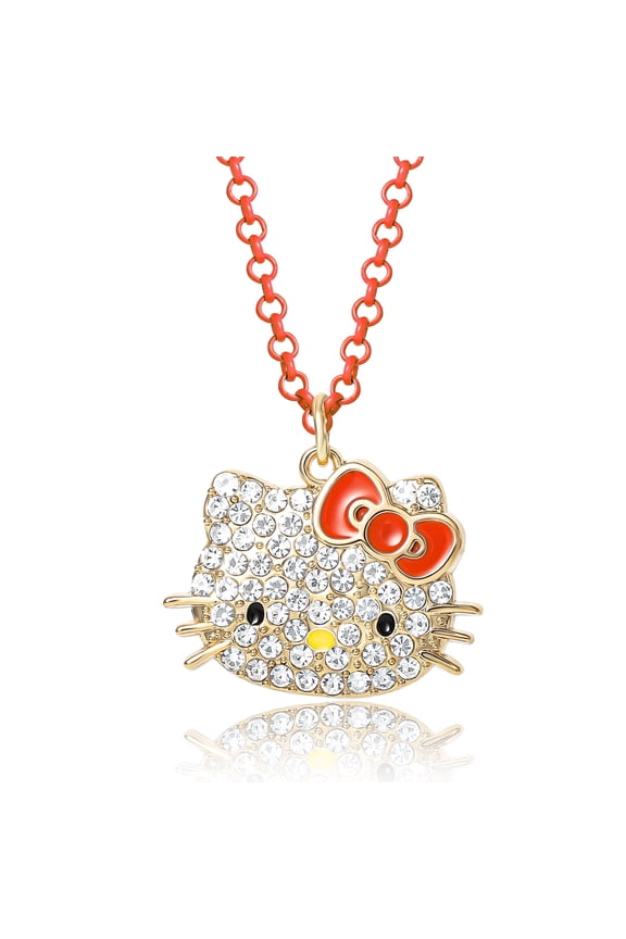 Sanrio Hello Kitty Pave Fashion Jewelry Necklace - 16"+3" Necklace, Neon Red - Officially Licensed