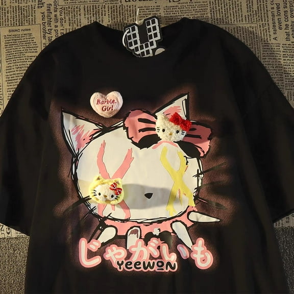 Sanrio Hello Kitty Goth Trend Short Sleeve T-shirts Couple Cartoon Korean Style Streetwear Loose Tees Y2k Women Harajuku Tops