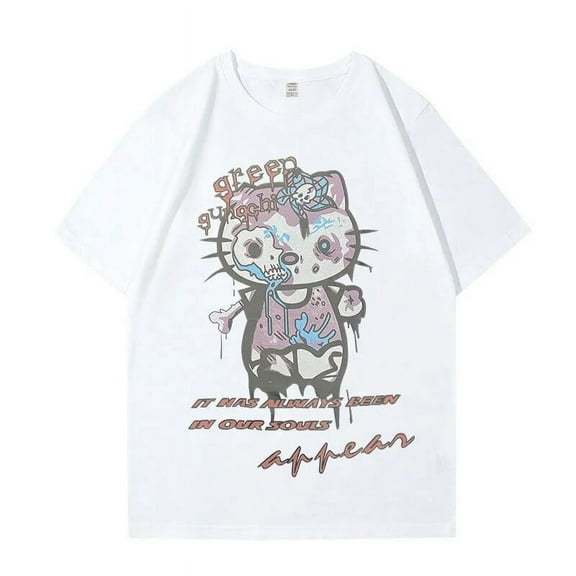Sanrio Hello Kitty Gothic Funny Printed Short Sleeved T-shirt Women's Loose Dark Trendy Korean High Street Clothes Harajuku Tops