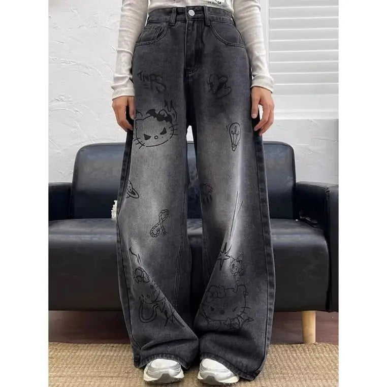 Sanrio Hello Kitty Graffiti Washed Black Baggy Jeans Women Cartoon