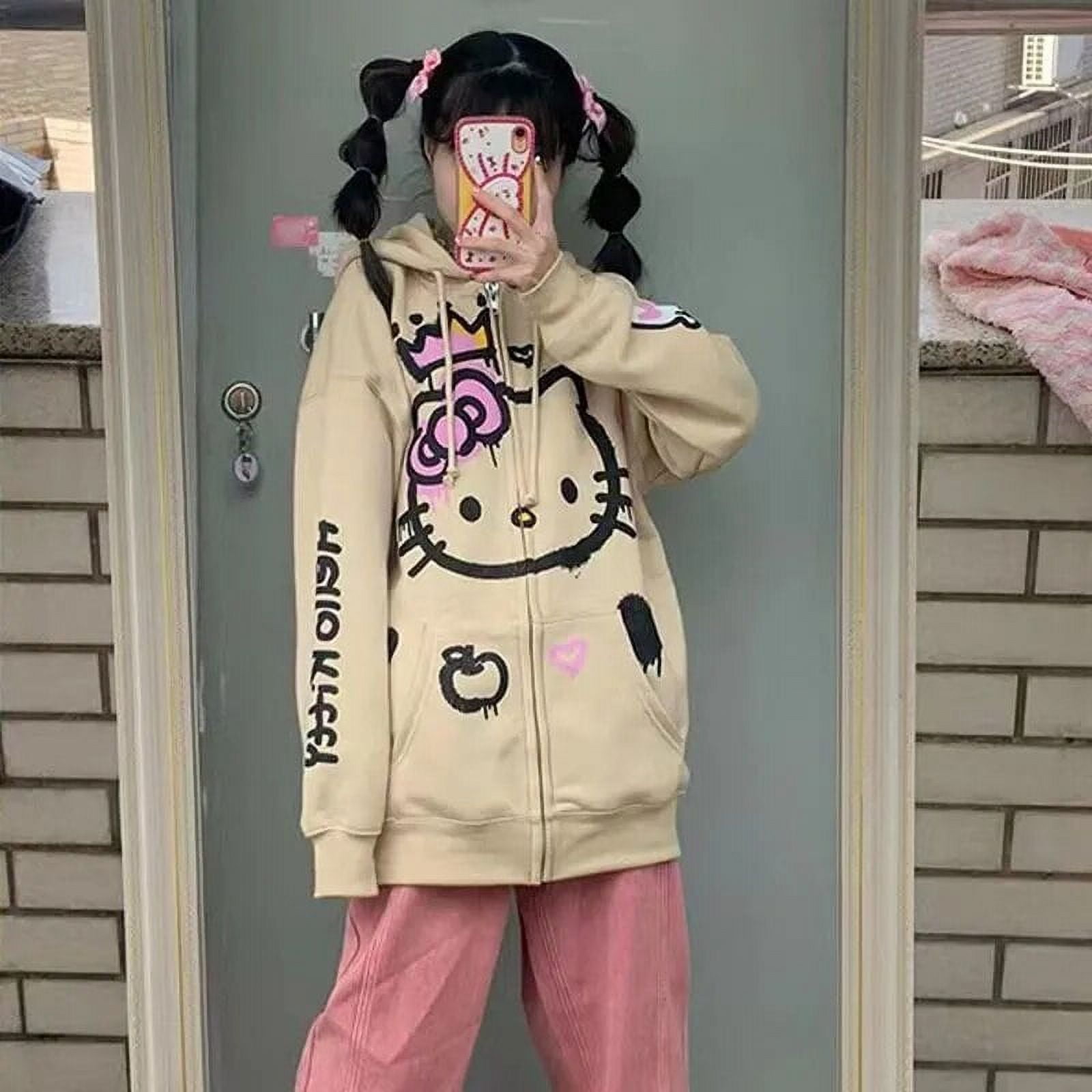 Sanrio Hello Kitty Hoodie Women Retro Harajuku Hip Hop Jacket High Street Zip Up Hoodie Casual Loose Sweatshirt Clothes Y2K Tops