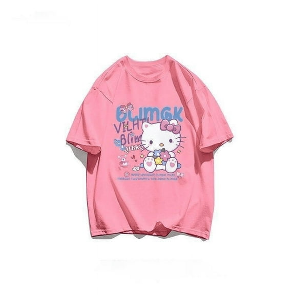 Sanrio Hello Kitty Kawaii Anime Cartoon Graphic T-shirt Korean Popular 2000s Oversized Black White Clothes Y2k Summer Pink Tops