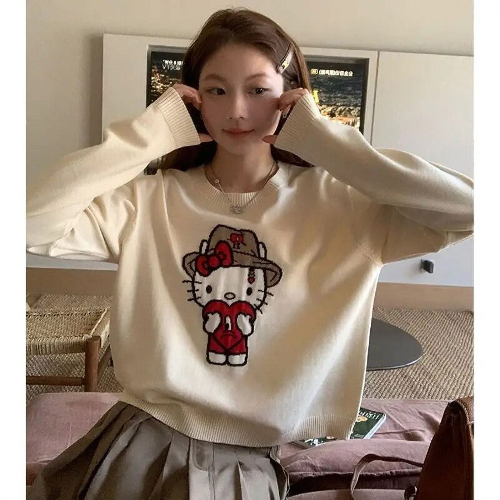 Sanrio Hello Kitty Kawaii Gray Sweater Women's Y 2k Cute Anime