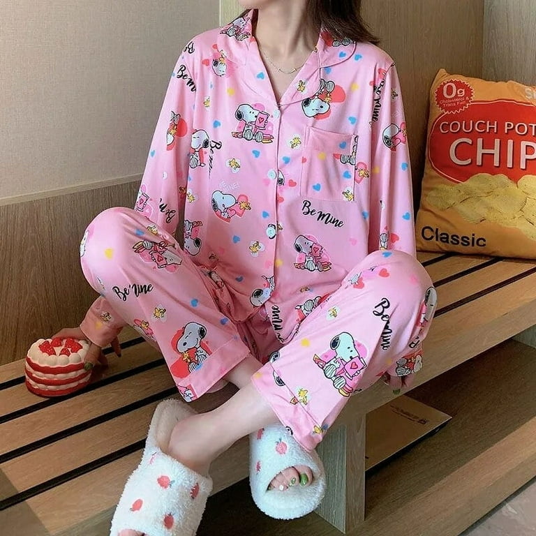 Sanrio Hello Kitty Kawaii Leisure Wear Cartoon Print Cinnamoroll Girl Pink  Pajamas Set Japan Sweet Anime Y2K Gift Cotton Pajamas