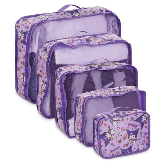 Sanrio Hello Kitty Kerromi Packing Cubes, 5 Piece Set Travel Organizer for Kids and Adult Purple