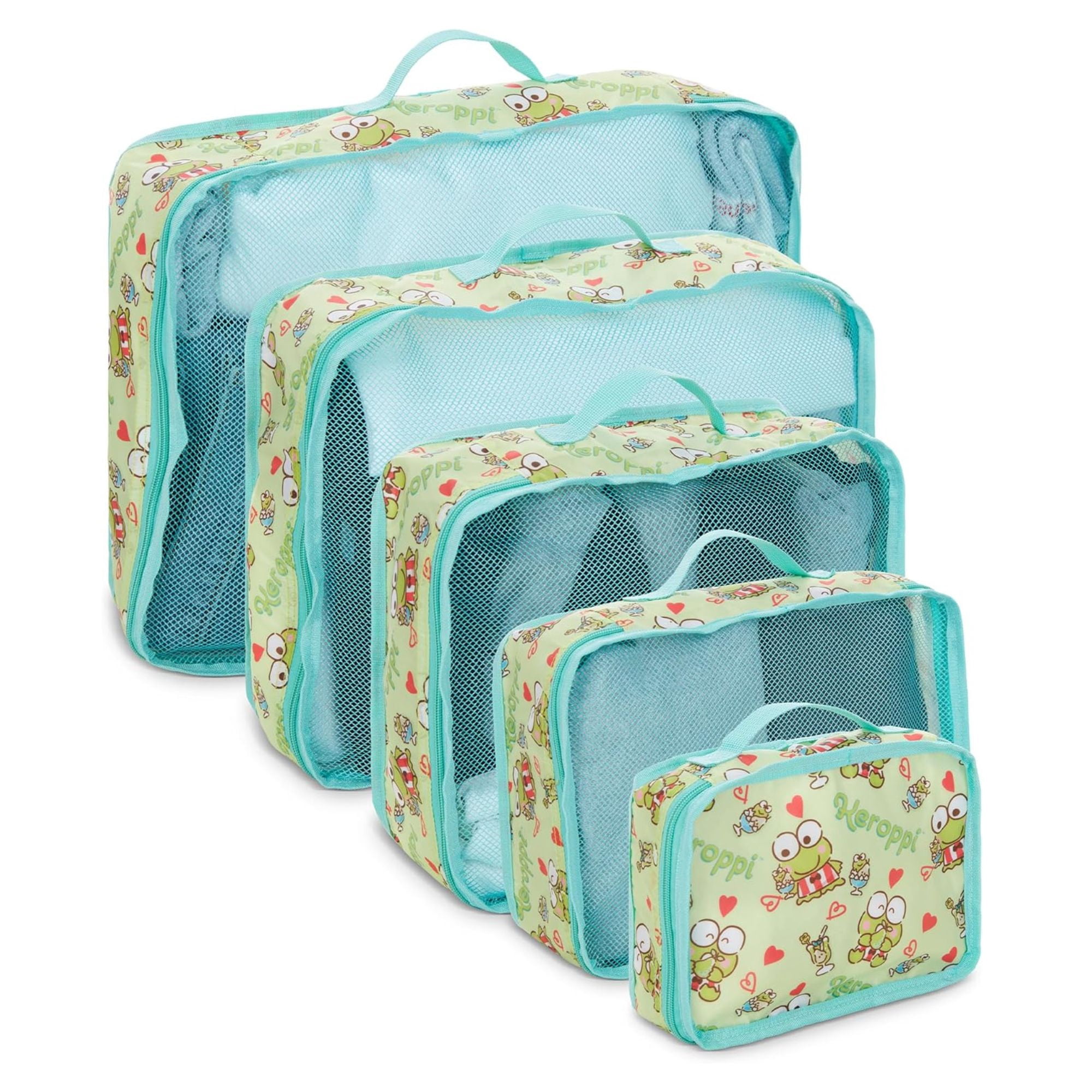 Sanrio Hello Kitty Kerropi Packing Cubes, 5 Piece Set Organizer Travel Essentials for Kids and Adult Green