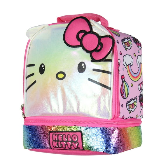 Sanrio Hello Kitty Kids Lunch Box 3-D Ears and Rainbow Sequins Insulated Bag 9"