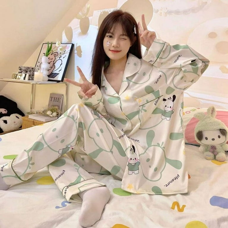 Sanrio Hello Kitty Long Sleeve Pajamas Ice Silk Cute Anime Home Wear Sets  For Women 2 Pieces Kawaii Kuromi Pijamas Sleepwear Y2k 