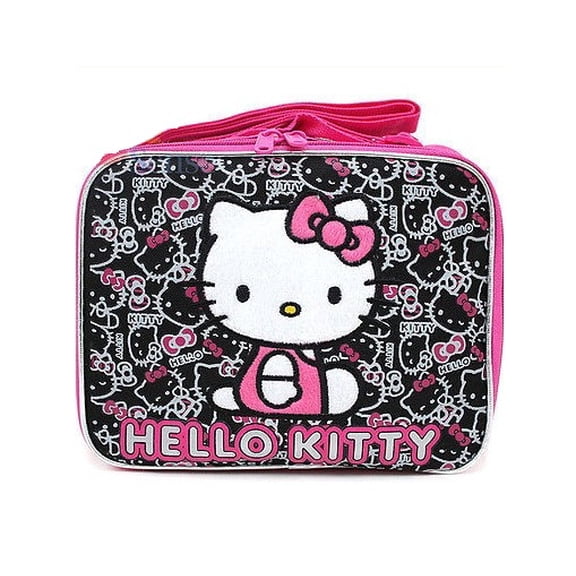 Sanrio Hello Kitty Lunch Bag, Black & Pink, Insulated Poly Canvas Snack Box, 9.5 x 7.5 x 3.5 in