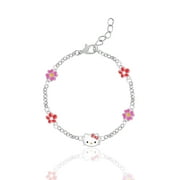 Sanrio Hello Kitty Officially Licensed Silver Plated Bracelet with Flowers and Crystals - 6.5 + 1"