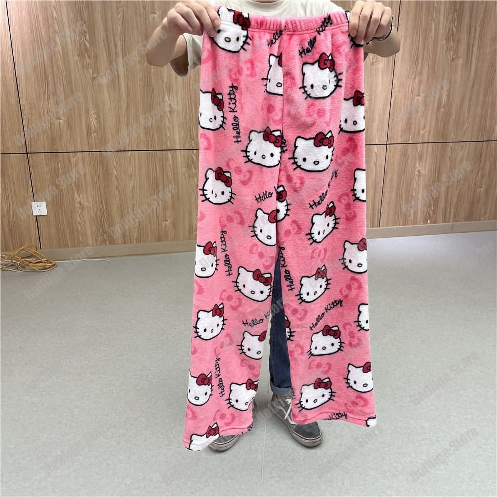 Sanrio Hello Kitty Pajamas Black Pink Anime Flannel Women Warm Woolen