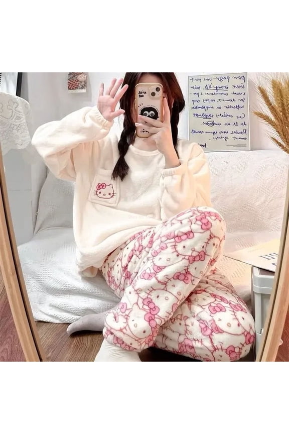 Sanrio Hello Kitty Pajamas Cartoon Winter Thicken Sweet Keep Warm Tracksuit