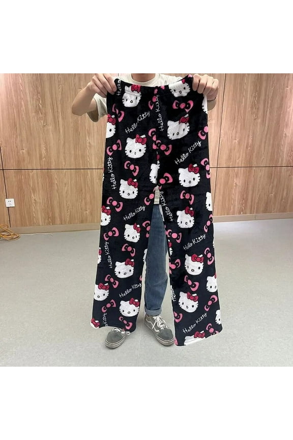 Sanrio Hello Kitty Pajamas Halloween Flannel Fashion Trouserswomen Kawaii Woolen Anime Cartoon Home Pants Birthday Gift Autume