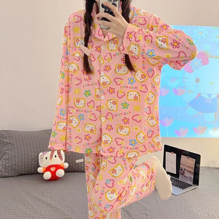 Sanrio Hello Kitty Pink Pajamas Women Clothes Long Sleeve Button