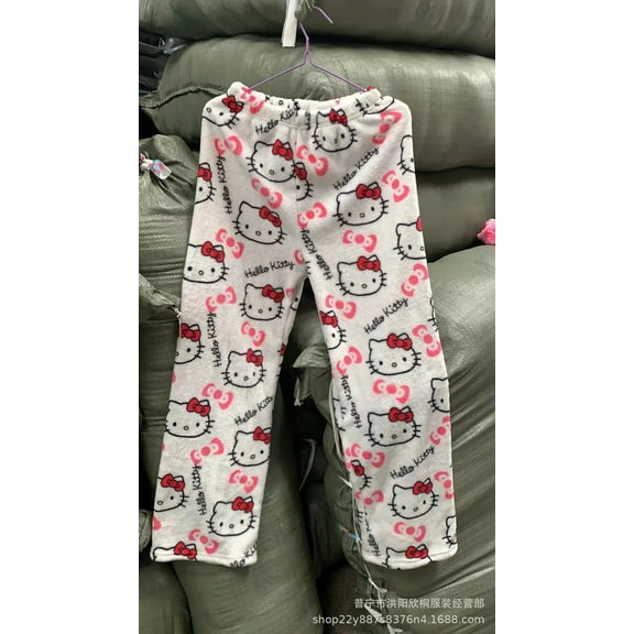 Sanrio Hello Kitty Pajamas Pants Black Flannel Women Kawaii Woolen White Cartoon Casual Home Pants Autumn Fashion Trousers Gifts