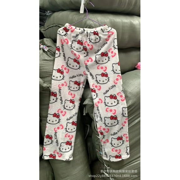 Sanrio Hello Kitty Pajamas Pants Black Flannel Women Kawaii Woolen White Cartoon Casual Home Pants Autumn Fashion Trousers Gifts