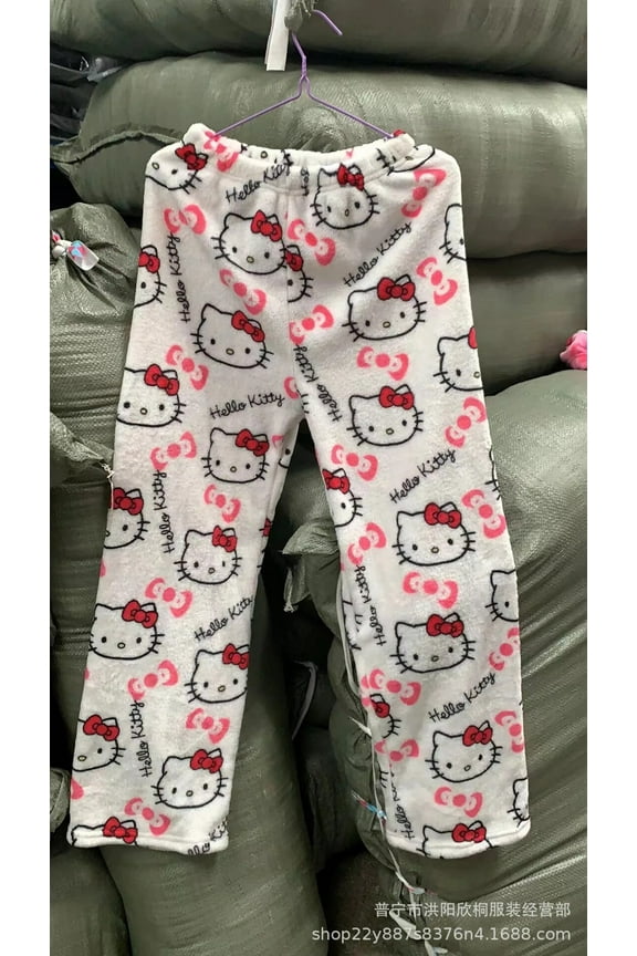 Sanrio Hello Kitty Pajamas Pants Black Flannel Women Kawaii Woolen White Cartoon Casual Home Pants Autumn Fashion Trousers Gifts
