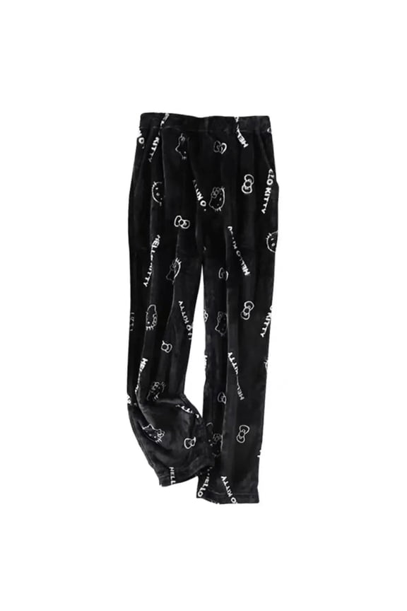 Sanrio Hello Kitty Pajamas Pants Black Flannel Women Kawaii Woolen White Cartoon Casual Home Pants Autumn Fashion Trousers Gifts