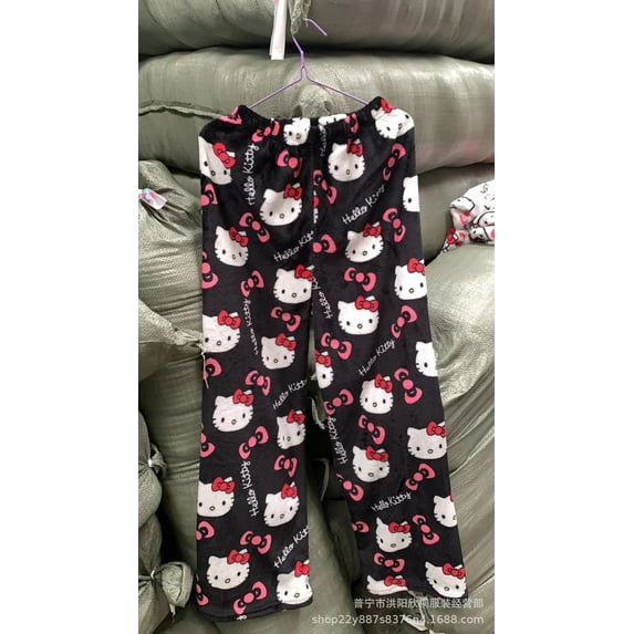 Sanrio Hello Kitty Pajamas Pants Black Flannel Women Kawaii Woolen White Cartoon Casual Home Pants Autumn Fashion Trousers Gifts