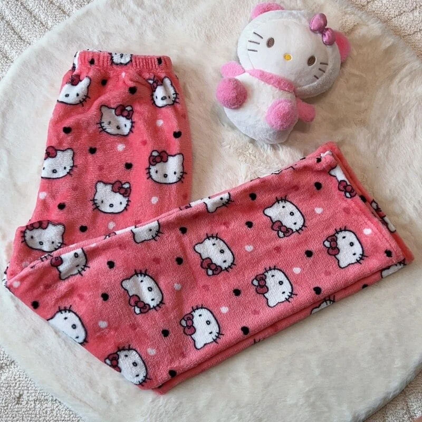 Sanrio Hello Kitty Pajamas Pants Black Pink Anime Flannel Women Warm ...