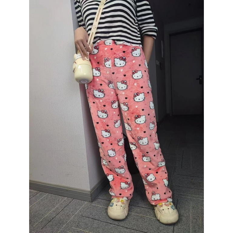 HelloKitty Pajamas Black Pink Anime Flannel Women Warm Home Pant fall  Fashion