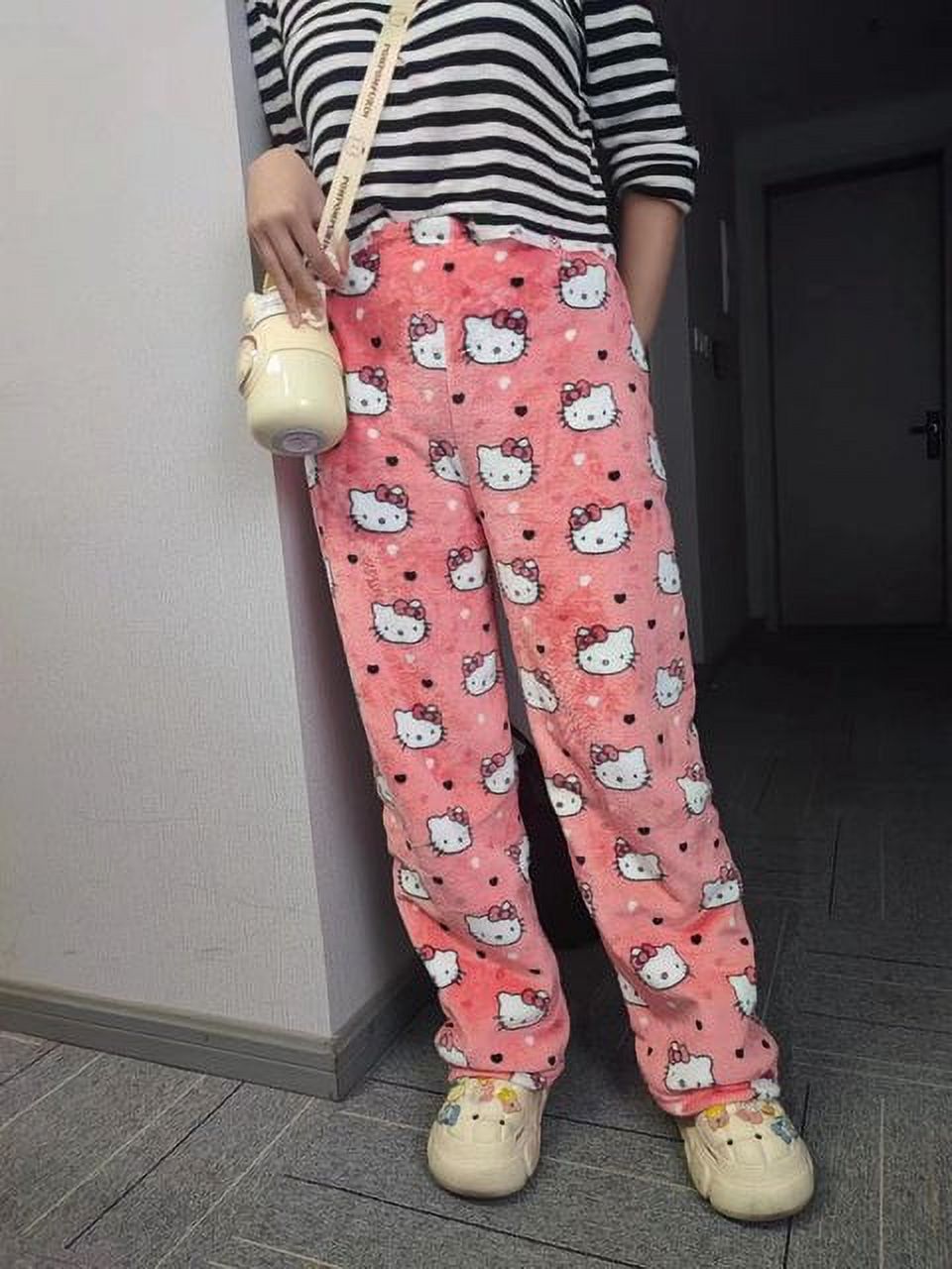 Sanrio Hello Kitty Pajamas Pants Black Pink Anime Flannel Women Warm