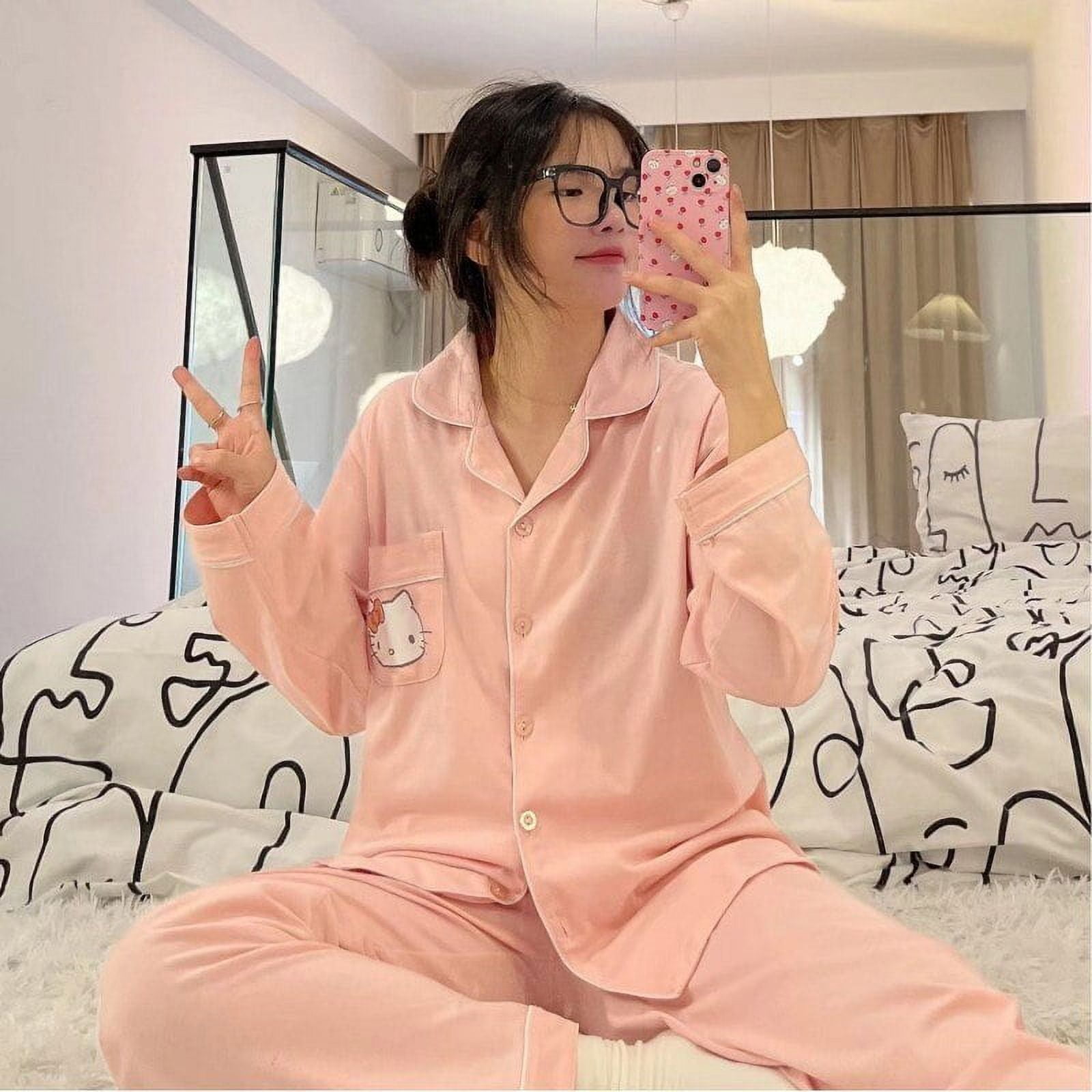 Sanrio Hello Kitty Pajamas Pants Kawaii Pijama Y2k Pyjama Pink Fluffy Suit Long sleeved Trousers Onesize Cardigan Outfit Women