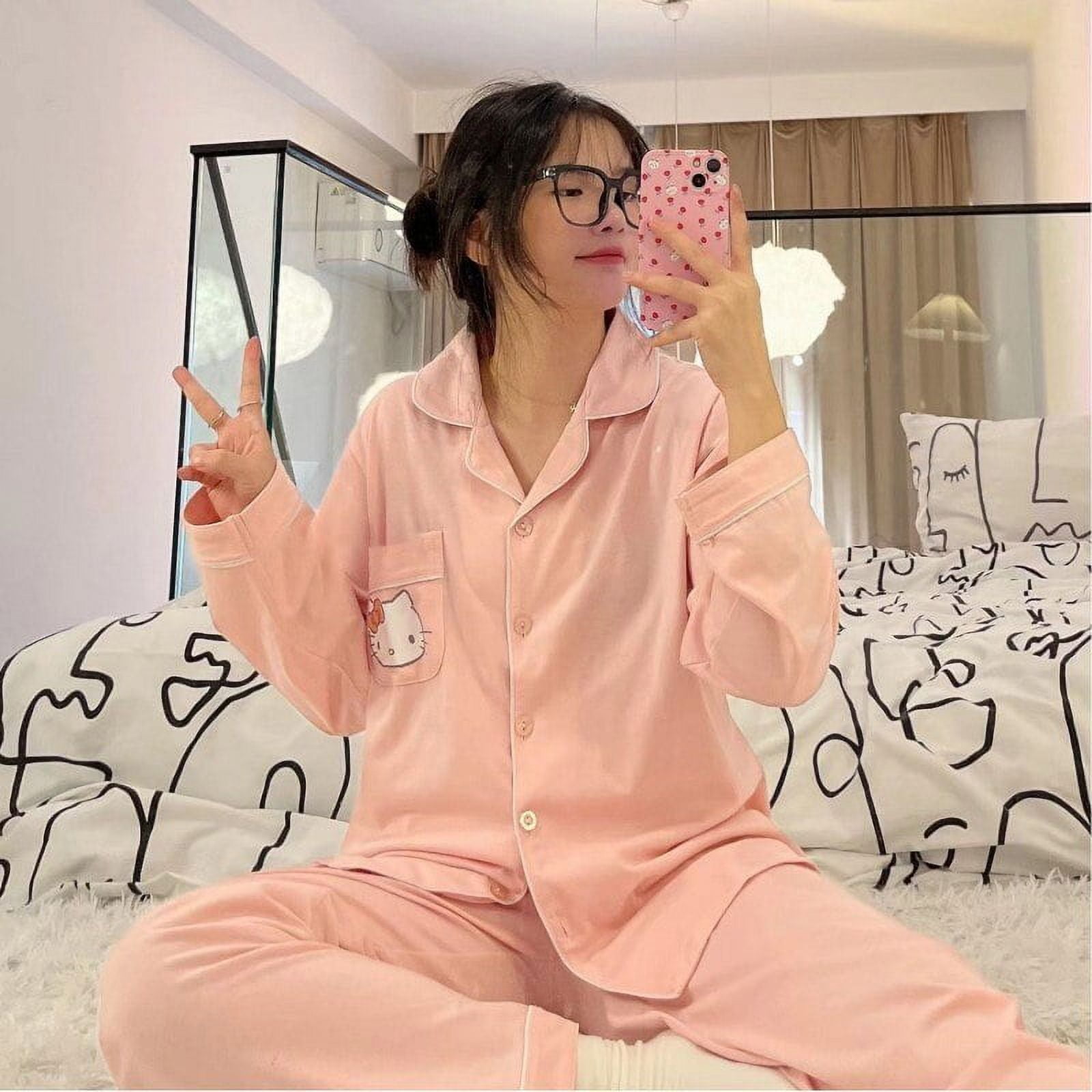 Sanrio Hello Kitty Pajamas Pants Kawaii Pijama Y2k Pyjama Pink Fluffy Suit  Long-sleeved Trousers Onesize Cardigan Outfit Women