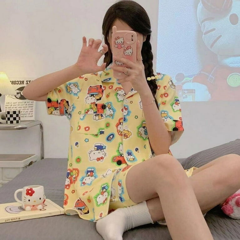 Sanrio Hello Kitty Pajamas Pants Kawaii Pijama Y2k Pyjama Pink Fluffy Suit  Long-sleeved Trousers Onesize Cardigan Outfit Women